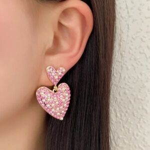 Sparkling Pink Rhinestones & White Pearls Heart Shaped Drop Earrings